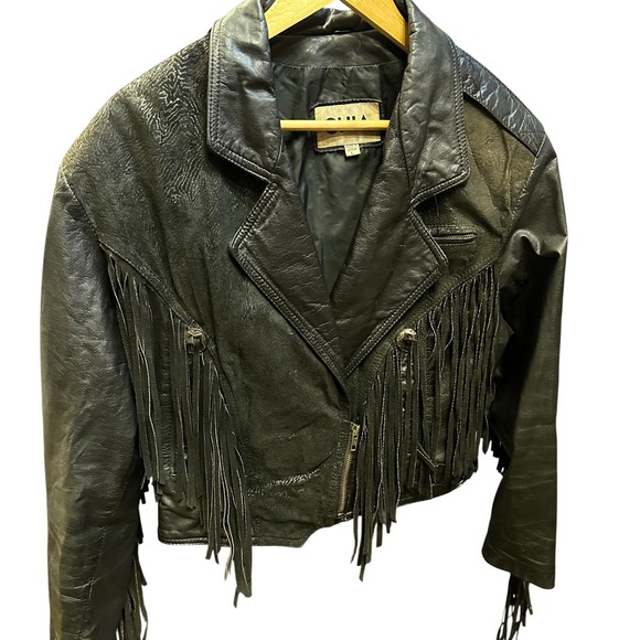 Chia Jackets & Blazers - CHIA Vtg Black Suede Embossed Leather Fringed cropped  Motorcycle Jacket Size L